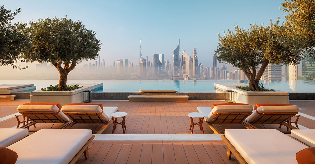 Terrasse mit Blick auf die Skyline von Dubai