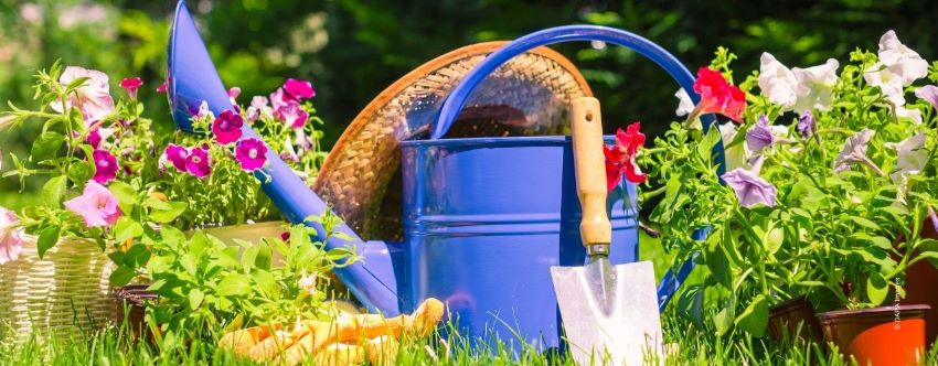 Gartenidyll mit Blumen, Schaufel und Giesskanne